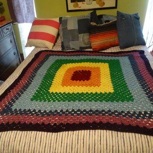 Afghan crocheted, multi-colored, sz 50" x 48" purple, blue, green and more